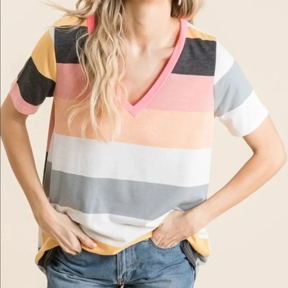 NWT bibi boutique Coral Striped French Terry V-Neck Top - Picture 1 of 12